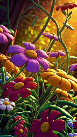 vibrant cartoon flowers in a sunny garden
