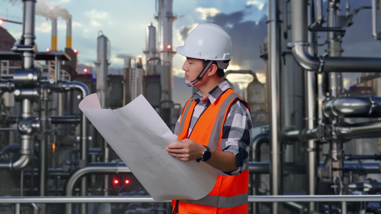 Engineer Reviewing Plans at Industrial Plant