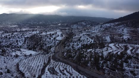 Vehículo-En-Movimiento-Por-Un-Camino-Forestal-Nevado