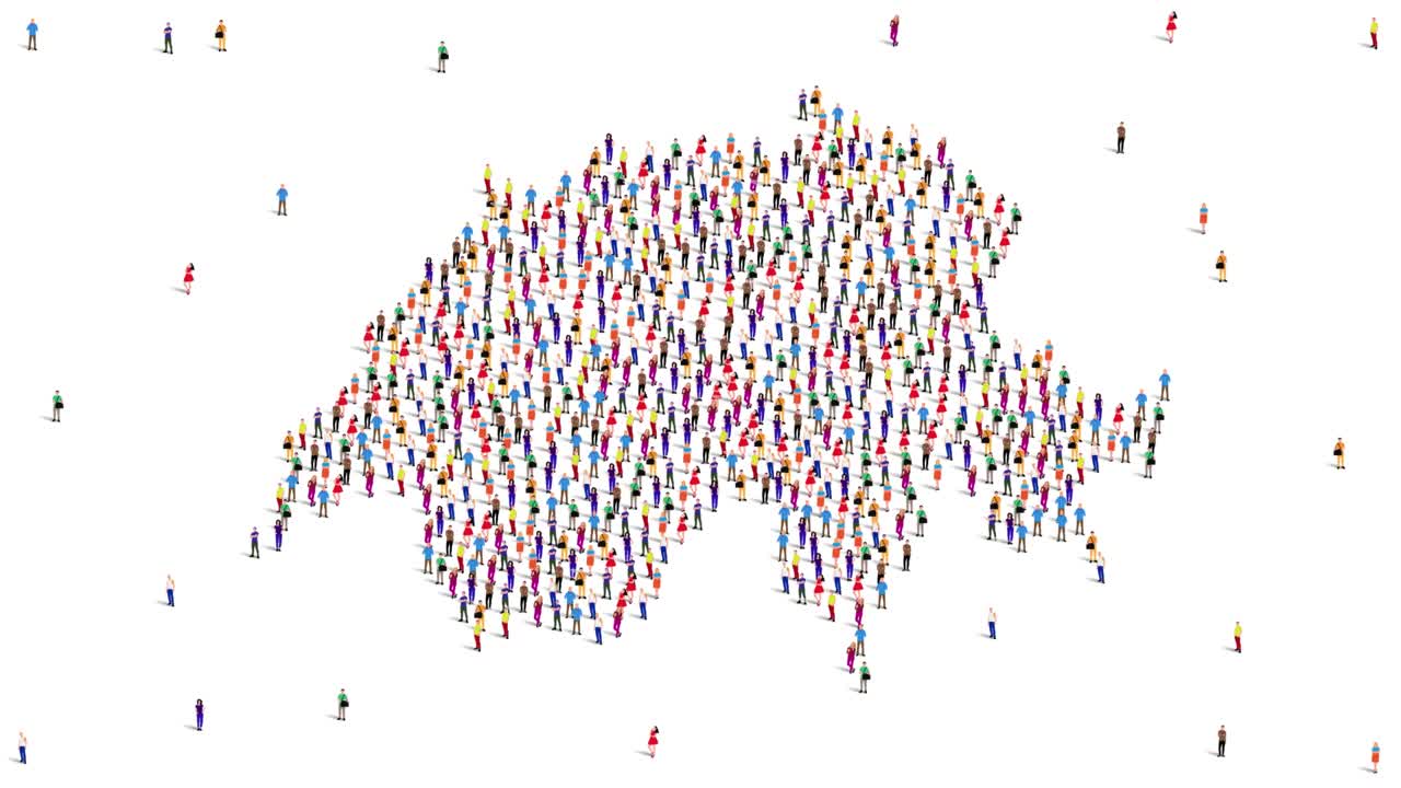 un gran grupo de personas se forma para crear un mapa de suiza. animación de video en 4k.