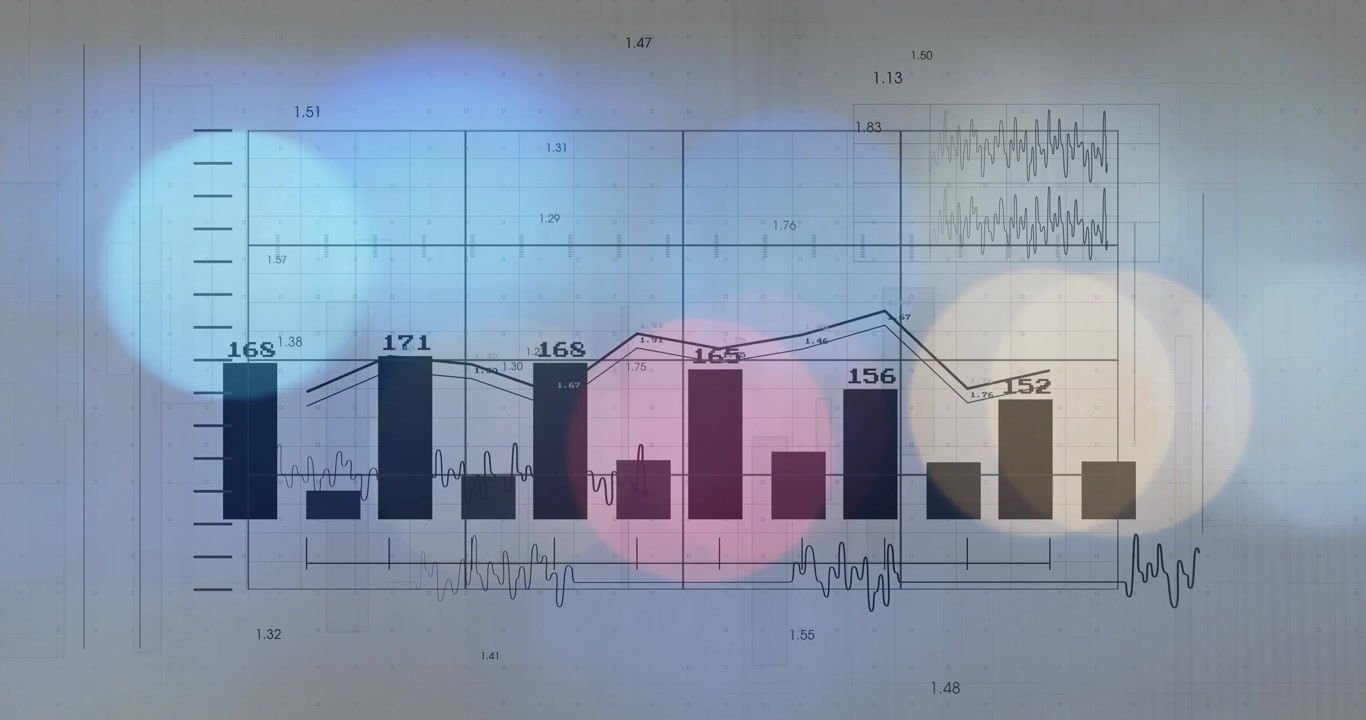 Flat analytics panel presenting bar chart, line graph showing waveform traces with colored flares