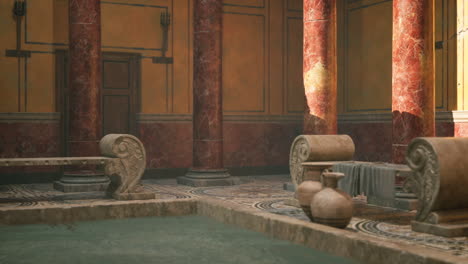 ancient roman bathhouse with ornate columns and tranquil water features