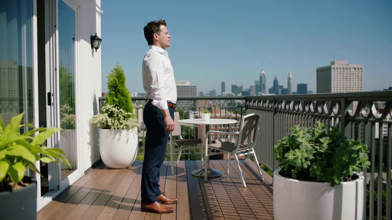Una porta scorrevole si apre, un uomo in camicia bianca e pantaloni blu scuro esce sul balcone per godersi la vista dello skyline.