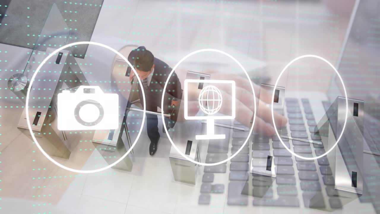 animación de iconos y procesamiento de datos sobre el hombre de negocios caucásico.