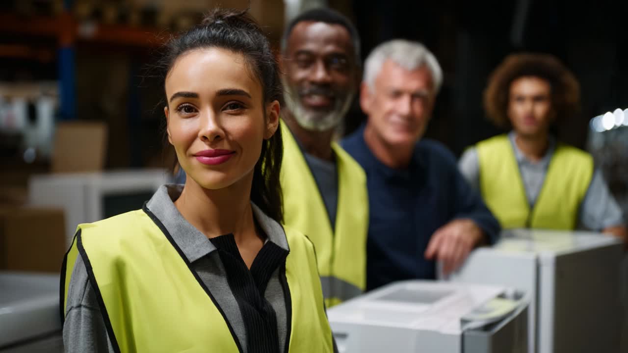 A Team of Dedicated Workers in Safety Vests Smiling at the Camera Showcasing Unity, Professionalism, and a Positive Work Environment in a Warehouse Setting