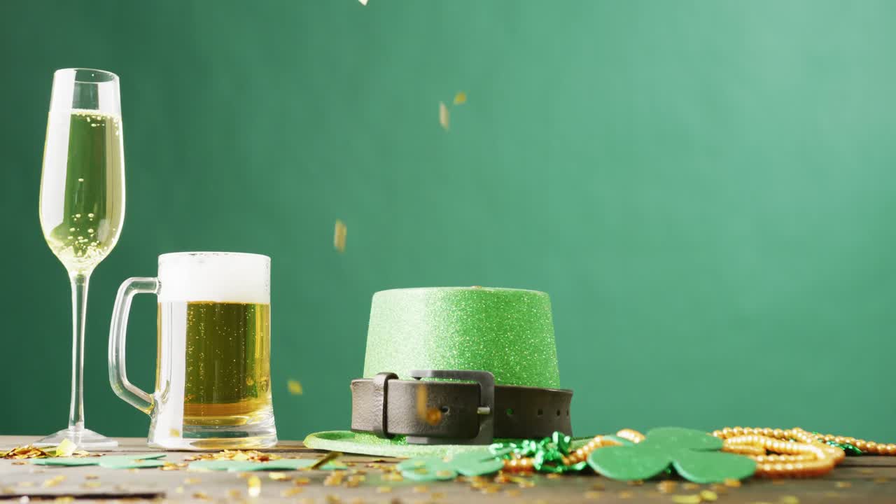 Video of st patrick's glass of champagne, beer, hat with copy space on green background