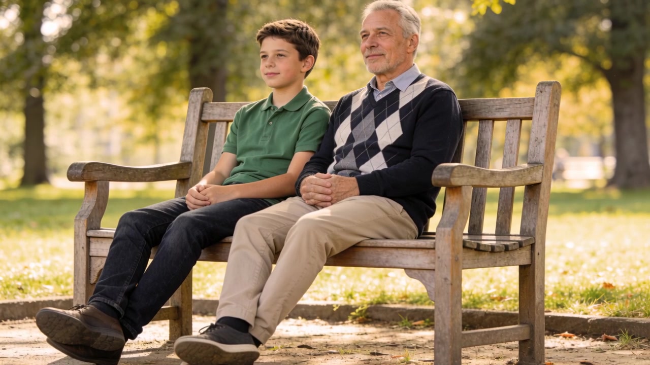Seeing off-frame, senior in argyle sweater and teen in green polo resting on park bench, smiling