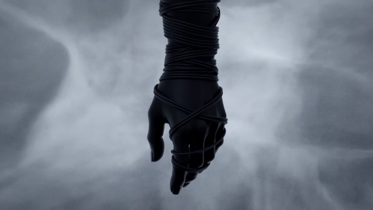 Dark Hand Wrapped in Cords on a Misty Background
