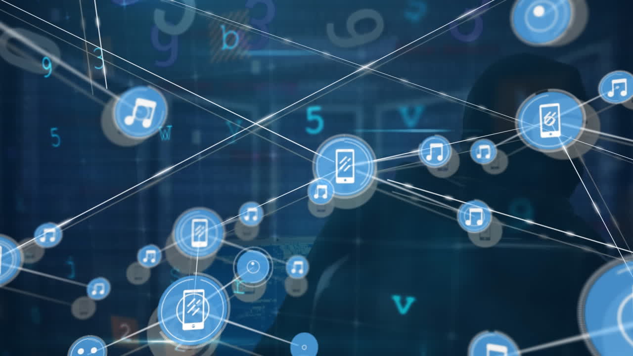 animación de la red de conexiones con iconos y procesamiento de datos sobre la sala de servidores y hacker