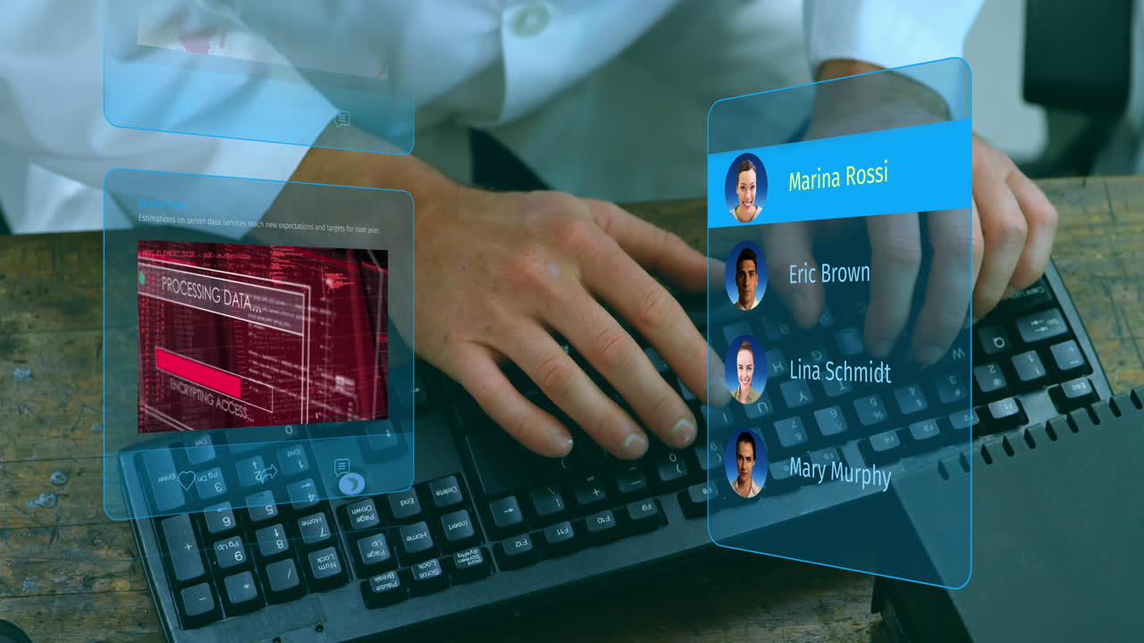 animación de publicaciones en redes sociales y perfiles de personas sobre un hombre caucásico escribiendo en el teclado.
