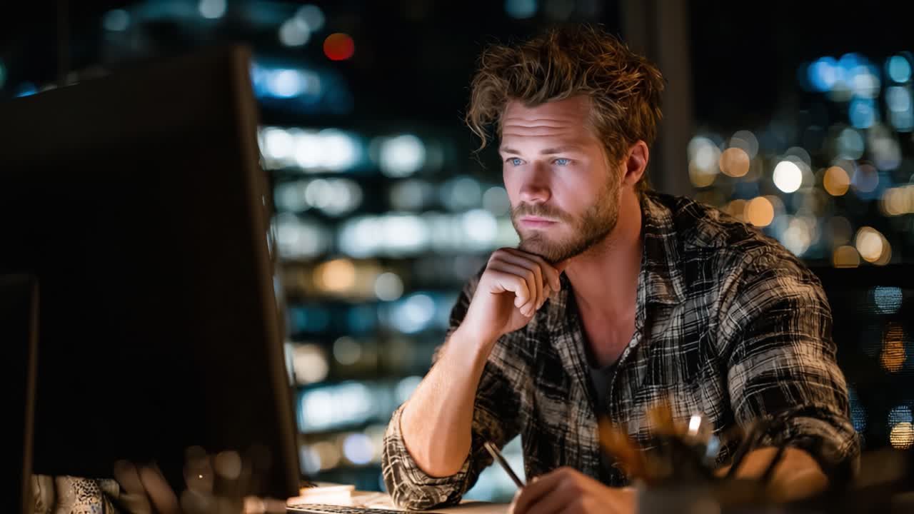 A focused young man engaged in thoughtful contemplation while working late at night in a modern office, with a glowing computer screen and city lights creating a vibrant background
