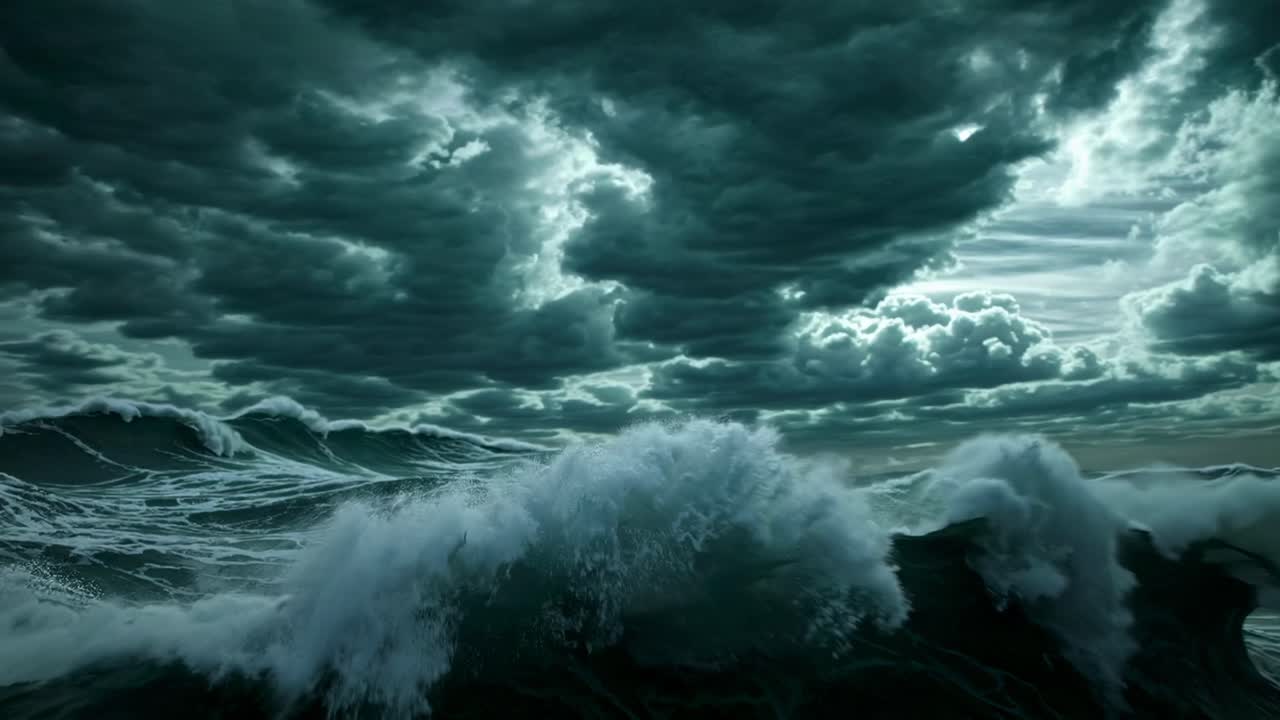 Dramatic video scene of stormy ocean waves from a low-angle perspective, capturing turbulent seas