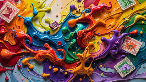 vibrant abstract paint splashes with stamps