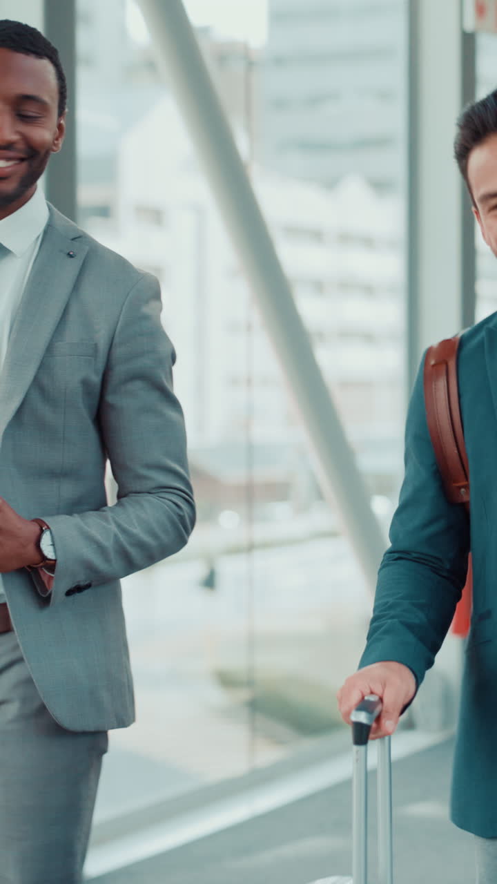 Two Smiling Businessmen Walking and Talking in a Modern Building