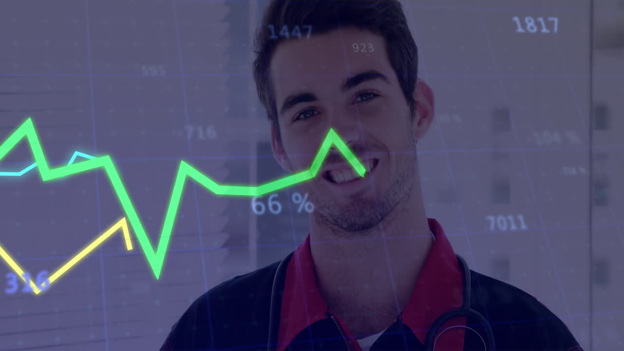 medical professional standing indoors, using animated health overlay with green,yellow line graphs