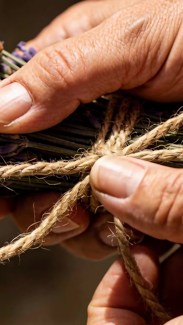 Vídeo vertical: Juntando caules, mãos apertando barbante de juta para secar lavanda em uma bancada