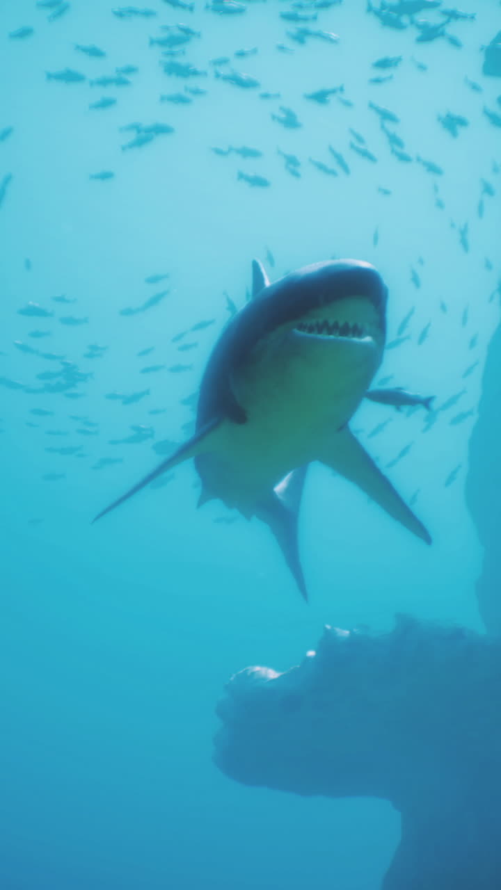 Majestic shark gliding through clear ocean waters near a rocky formation