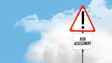 Attention-signboard-post-with-risk-assessment-text-against-clouds-in-the-blue-sky