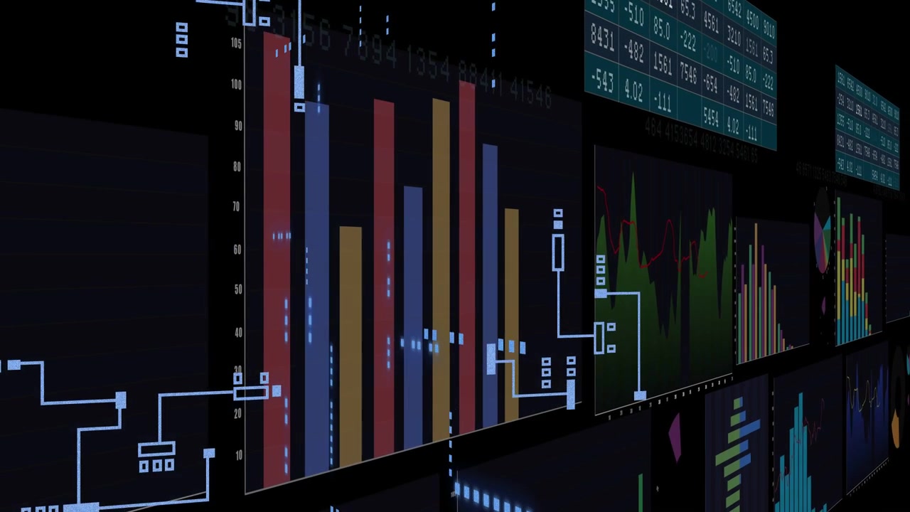 Telecamera che inizia a scorrere verso destra rivelando una parete di grafici, con connettori al neon che collegano pannelli per mostrare le tendenze.