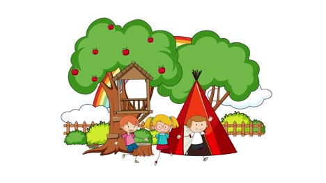 children playing near treehouse and tent outdoors