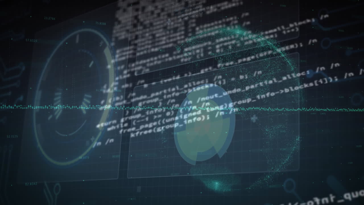 Animation of financial data processing over globe on black background