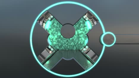 metallic hatch with neon lights opens panoramic view to the spaceship landscape scene. 3d abstract background of sci-fi corridor with portal. futuristic technology abstract vj for tech titles.