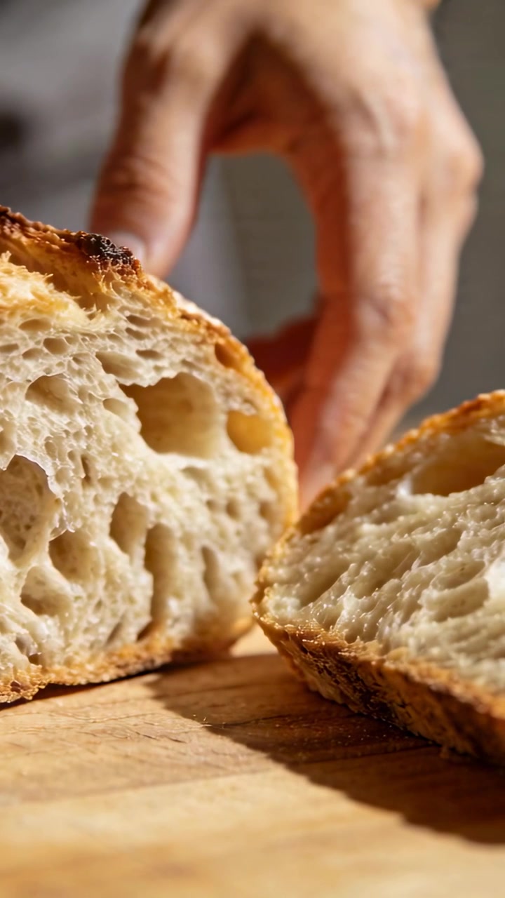Video verticale: Una mano che entra e stabilizza spingendo delicatamente la metà sinistra di un pane artigianale su un tagliere di legno, mostrando la mollica