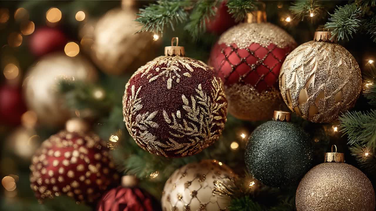 Vista accattivante di decorazioni natalizie ornate che adornano un albero festivo, mettendo in mostra colori vivaci, design intricati e calda atmosfera festiva per l'ispirazione di decorazioni stagionali