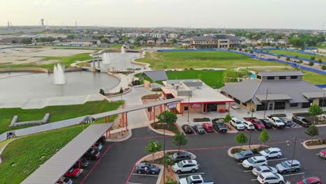 Hovering-over-newly-opened-restaurant-in-a-small-town-downtown-development