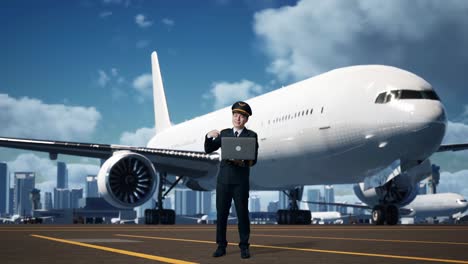 piloto usando una computadora portátil en el aeropuerto