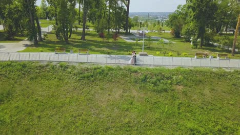 Una-Pareja-De-Recién-Casados-Se-Besa-En-El-Parque-Verde-A-Vista-De-Pájaro