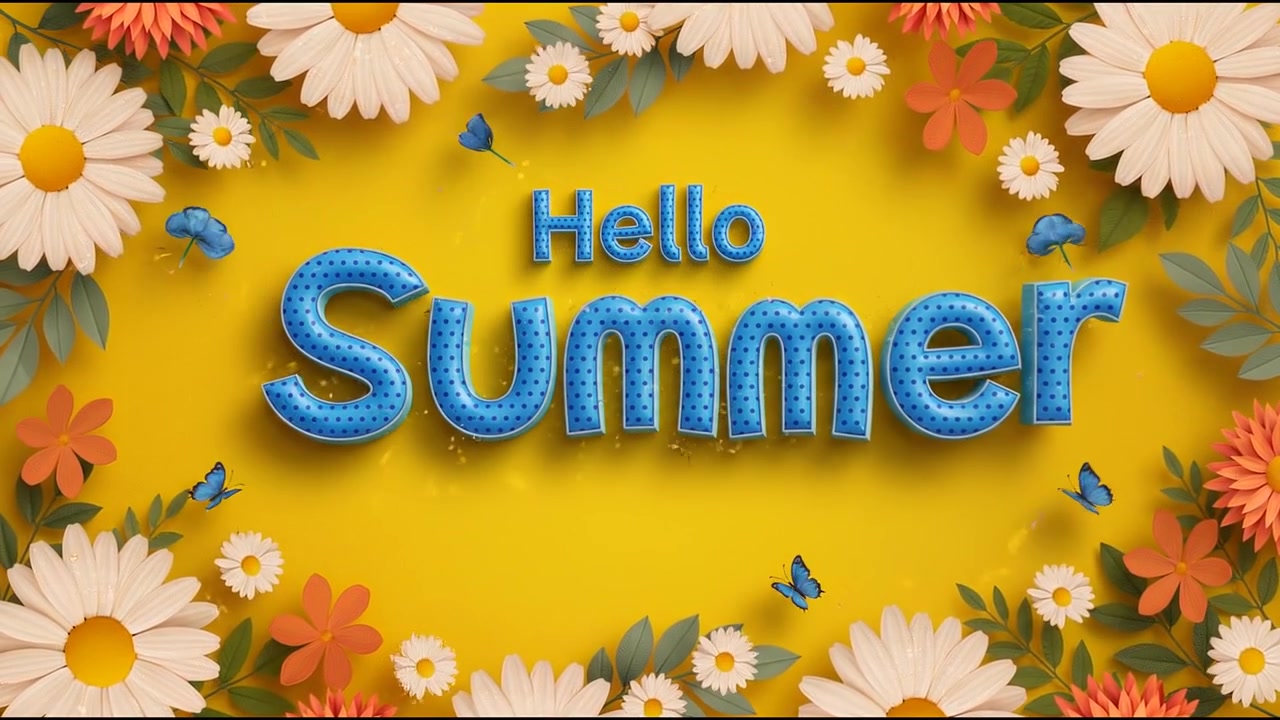 Hello Summer Bright Floral Animation with Blue Typography on Yellow Background