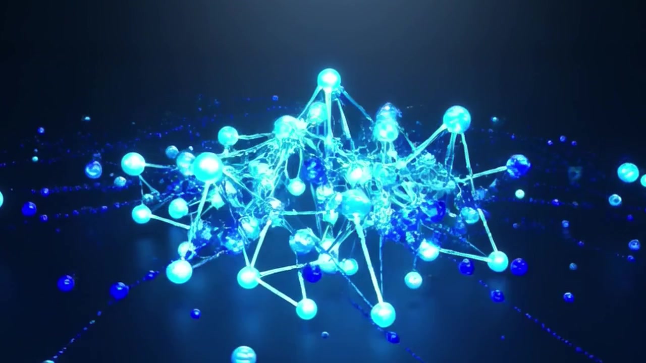 Abstract Animation of Glowing Blue Spheres Connecting into a Network