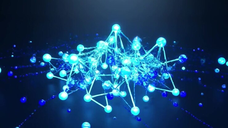 Abstract Animation of Glowing Blue Spheres Connecting into a Network