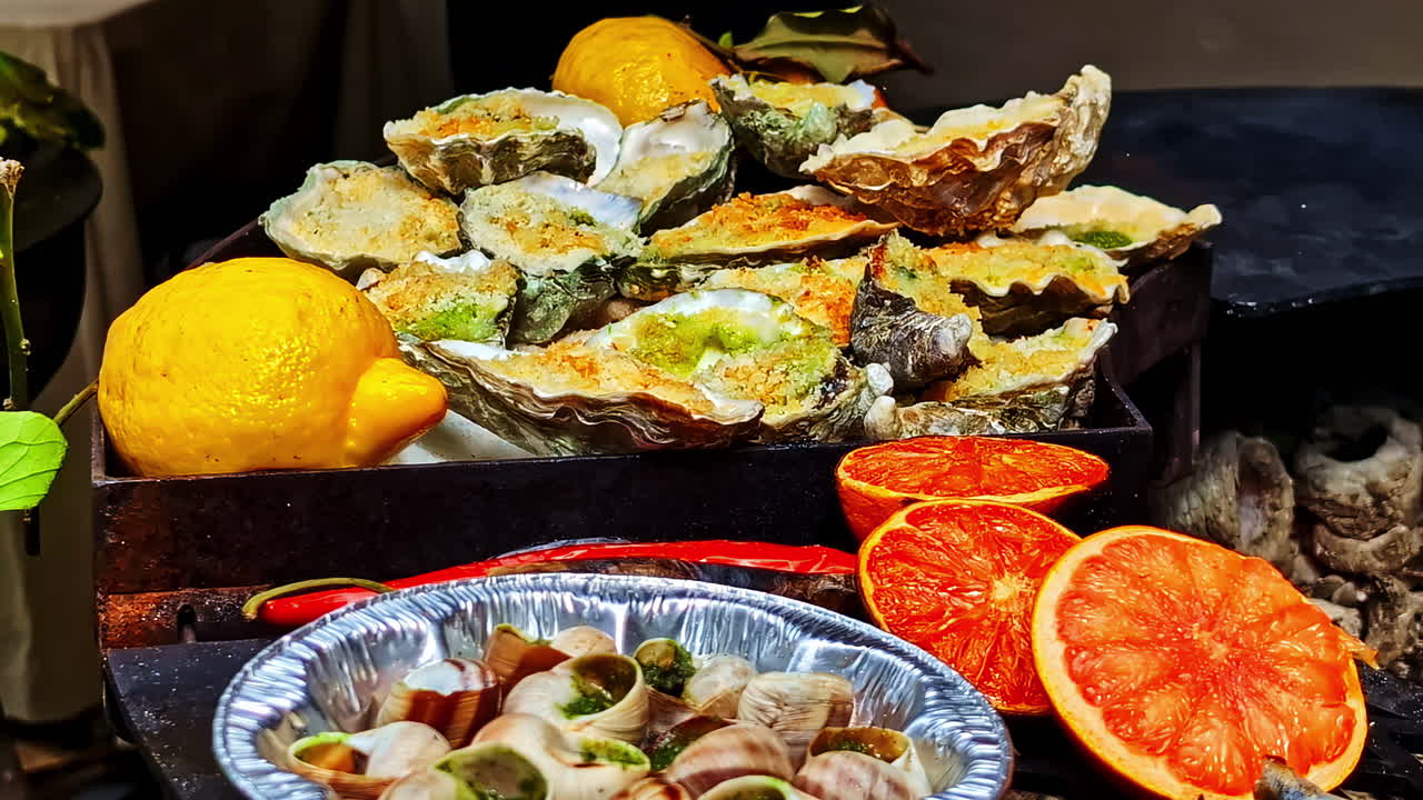 Oysters and escargot grilled with herbs and served with fresh lemon and blood orange slices