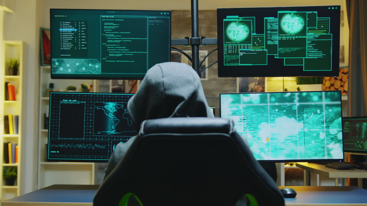 Hacker wearing a hoodie while committing cyber crimes