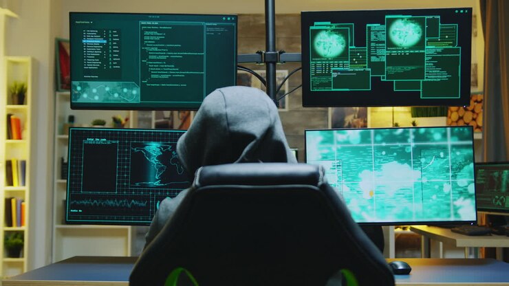 Hacker med hættetrøje, der begår cyberkriminalitet