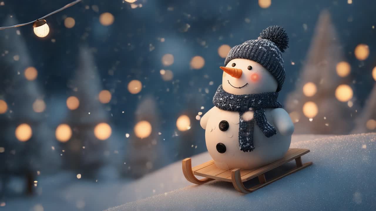 A Cheerful Snowman in a Cozy Scarf and Hat Sledding Down a Snowy Hill Surrounded by Glimmering Lights and Winter Wonderland Atmosphere