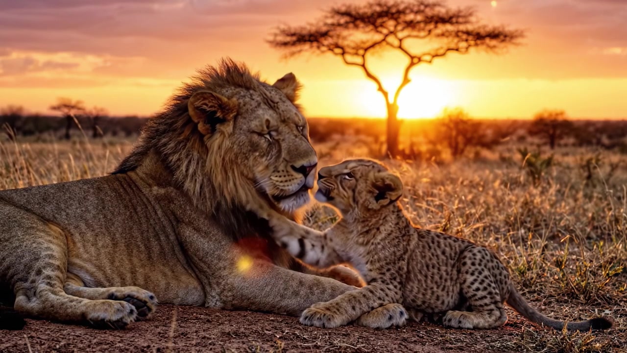 Un leone maestoso e il suo adorabile cucciolo osservano il tramonto nella savana africana, catturando l'essenza dell'amore, della famiglia e della bellezza della natura
