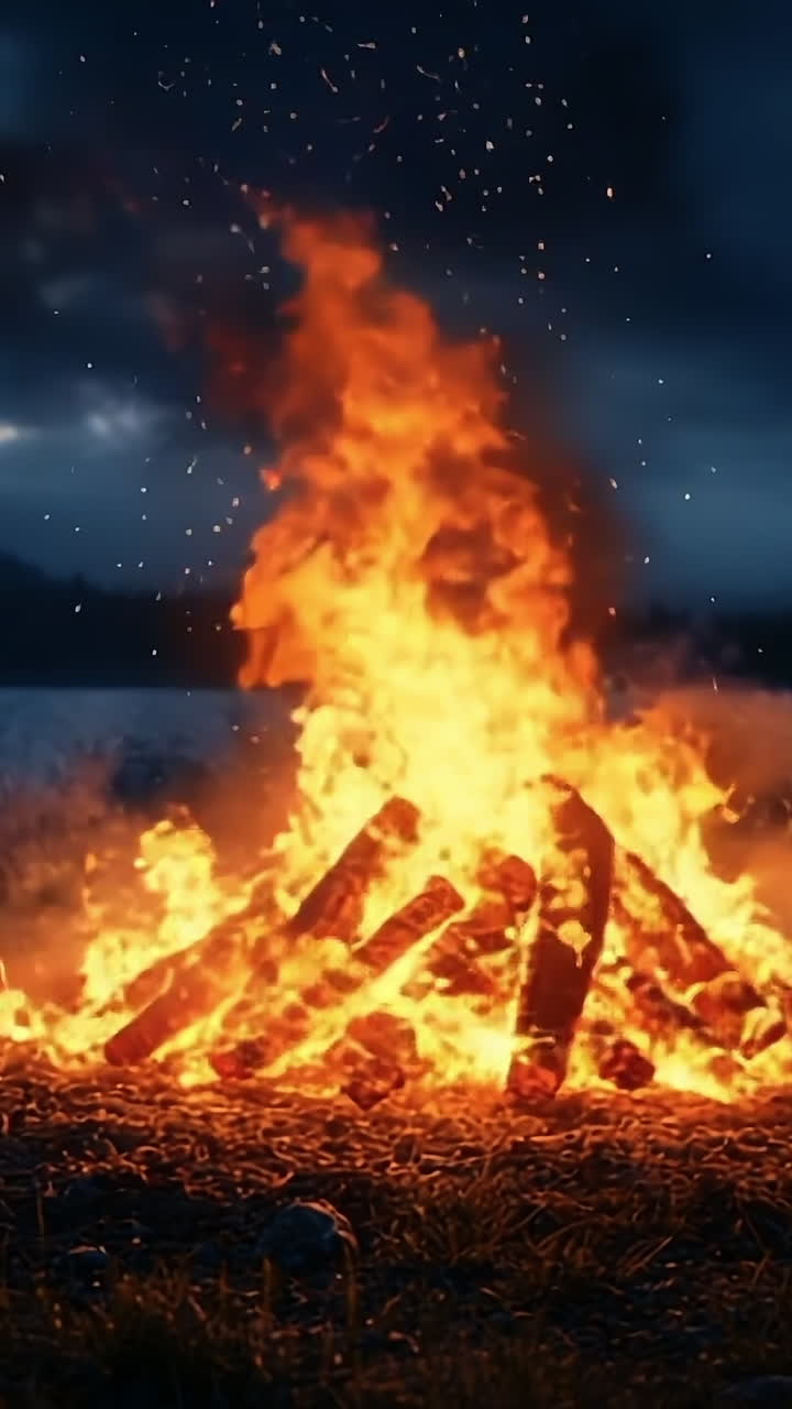 Bright campfire burns near serene lake. A lively campfire crackles at dusk, surrounded by grass with a calm lake reflecting dark clouds nearby.
