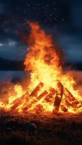 bright campfire burns near serene lake. a lively campfire crackles at dusk, surrounded by grass with a calm lake reflecting dark clouds nearby.