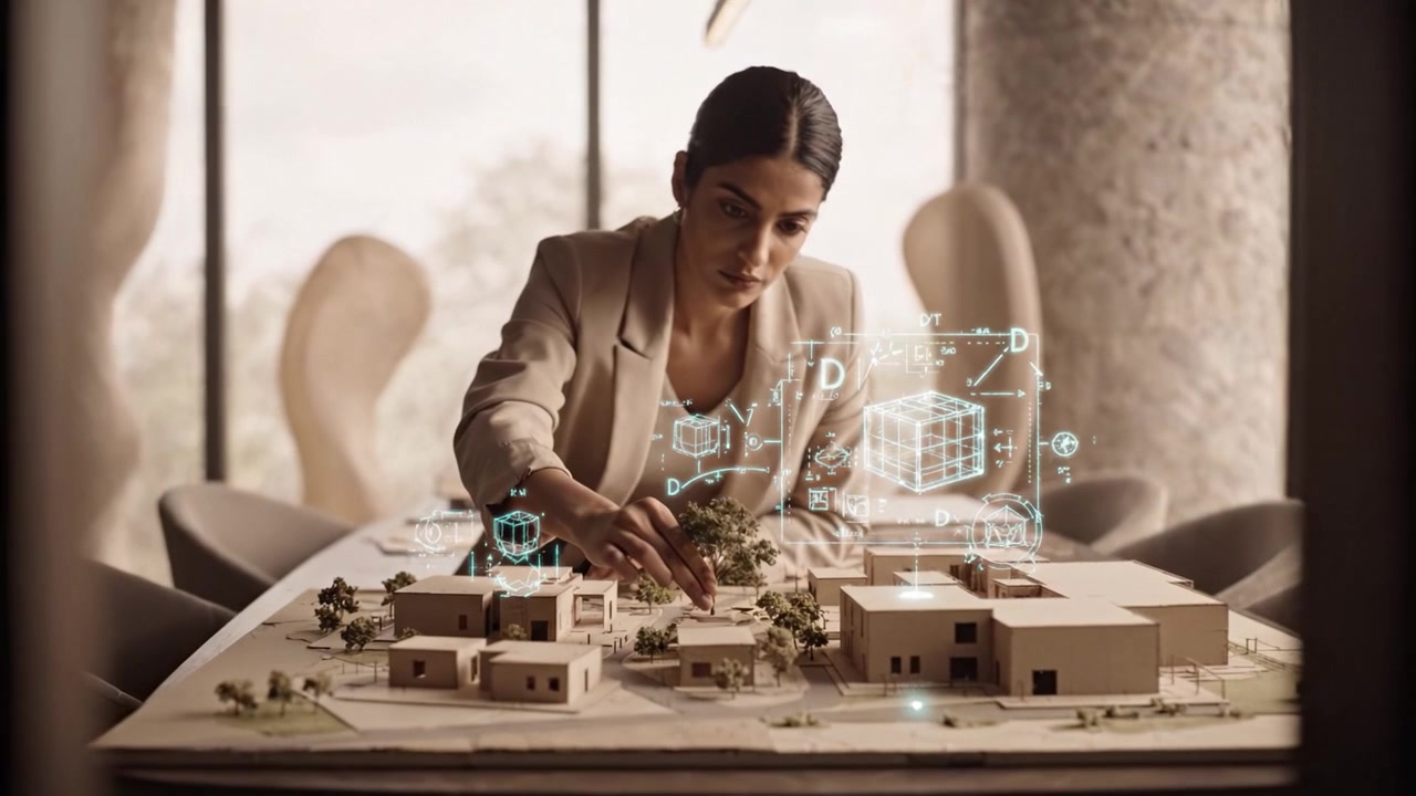 En fokuseret professionel arkitekt designer en detaljeret arkitektonisk model, der viser kreativitet og præcision inden for byplanlægning og landskabsarkitekturinnovationer