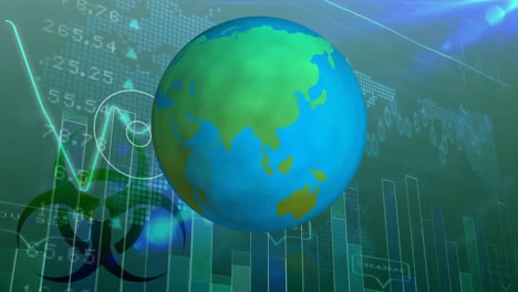 Drehender-Globus-Vor-Börsen--Und-Statistischer-Datenverarbeitung-Auf-Grünem-Hintergrund