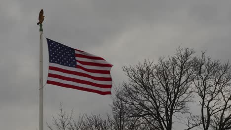 La-Bandera-De-Los-Estados-Unidos-Vuela-Desde-Un-Asta-De-Bandera-Coronada-Por-Un-águila-Contra-Un-Cielo-Gris-Tormentoso-Con-árboles-De-Invierno-Sin-Hojas-En-El-Fondo