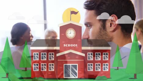 Animation-of-school-building-over-happy-caucasian-man-working-in-office
