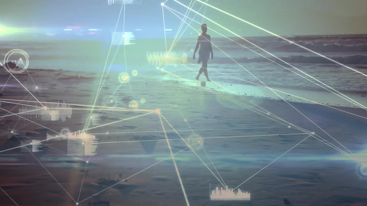 Senior woman upon emerging walking along shoreline as AR overlay tracking movement for tech demo