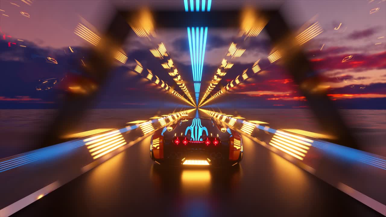 해가 지는 동안 네온 터널에서 미래의 자동차