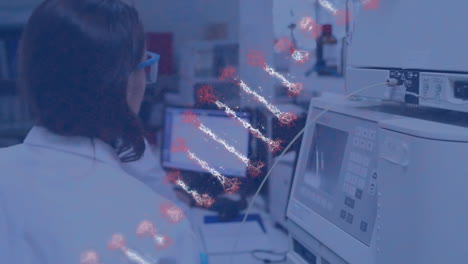 animación de una cadena de adn giratoria sobre una científica caucásica en el laboratorio
