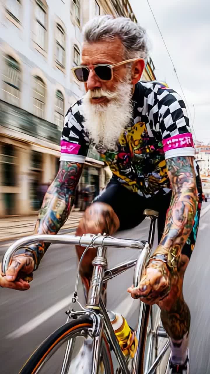 Dynamisches Radfahrabenteuer: Ein stylischer, bärtiger Radfahrer rast durch die Straßen, zeigt auffällige Tattoos und ein aufmerksamkeitsstarkes Outfit in Bewegung