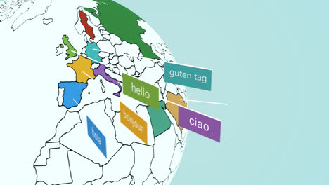 earth globe with the politic map. word “hello” in fourteen widely spoken languages in the world.  colorful scheme representation on the globe. a conceptual image of globalization.